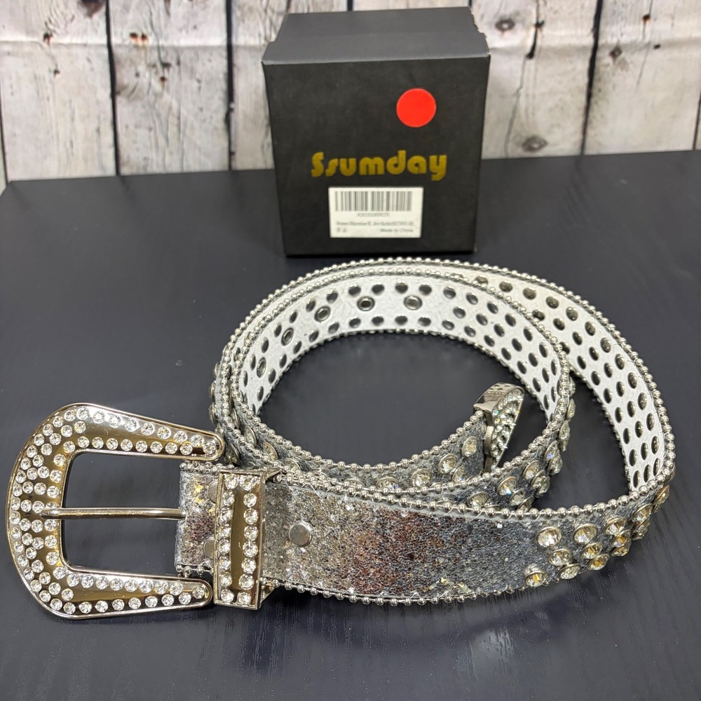 Ssumday Women Western Rhinestone Belt Silver Leather Crystal Buckle Y2K Medium‎